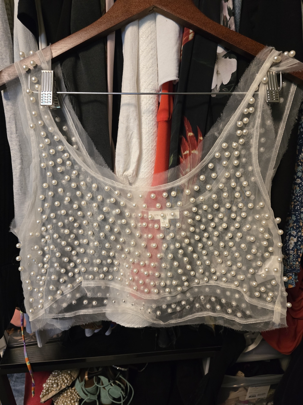 Pearl-Embellished Sheer Crop Top - White